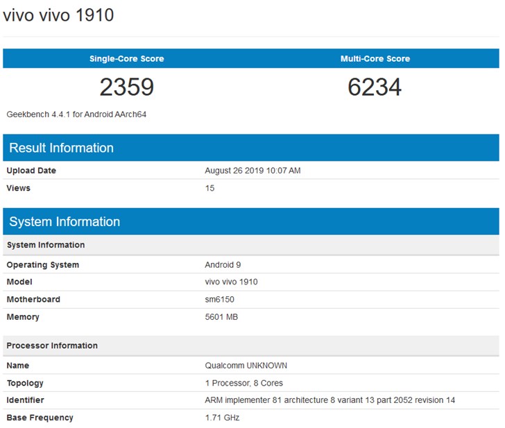 vivo 1910现身Geekbench 可能是已通过俄罗斯认证的vivo V17 Pro