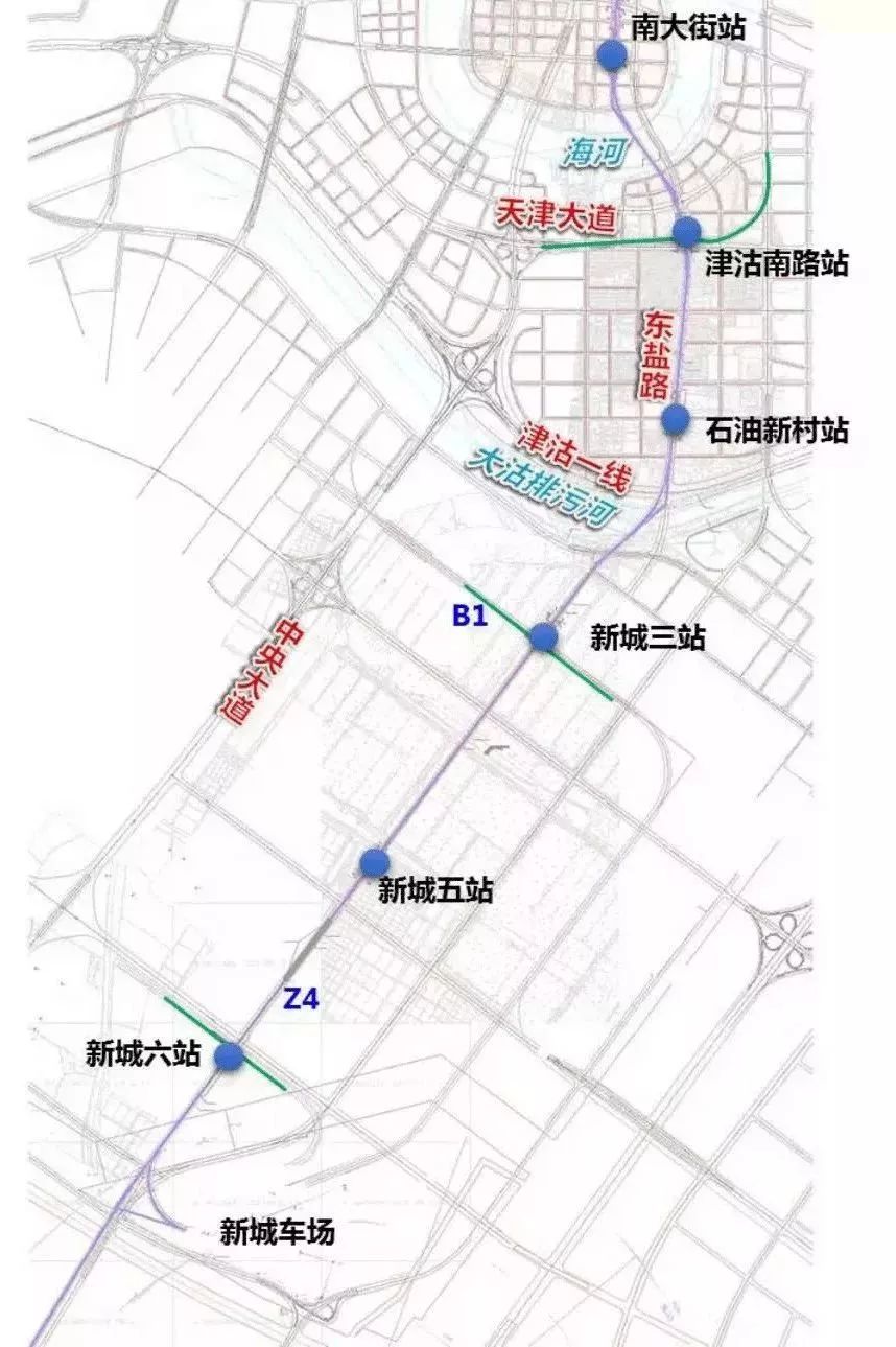 北塘,中新生態城及漢沽,終點為漢蔡路站z4線路途經中部新城,于家堡