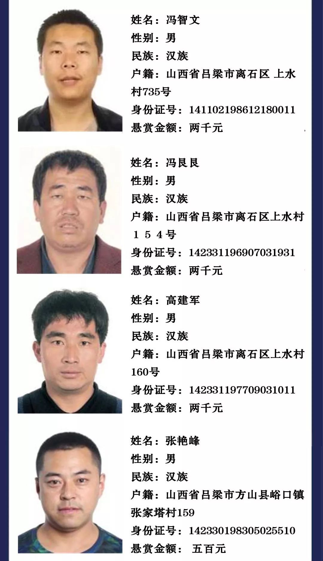 吕梁警方向全国公开悬赏通缉27名涉黑涉恶在逃犯罪嫌疑人