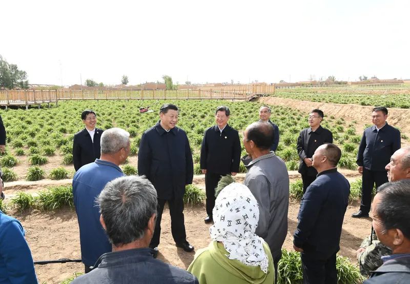 △ 2020年5月11日，习近平在山西省大同市云州区有机黄花标准化种植基地，同正在劳作的村民们亲切交谈。