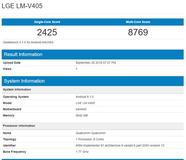 LG V40 ThinQ现身Geekbench:6GB+骁龙845|像
