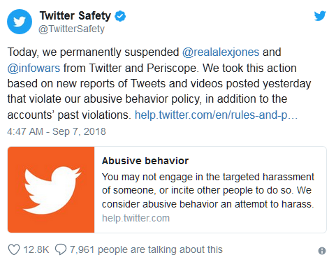 Twitter封殺與Alex Jones和Infowars相關(guān)小號(hào):有18個(gè)