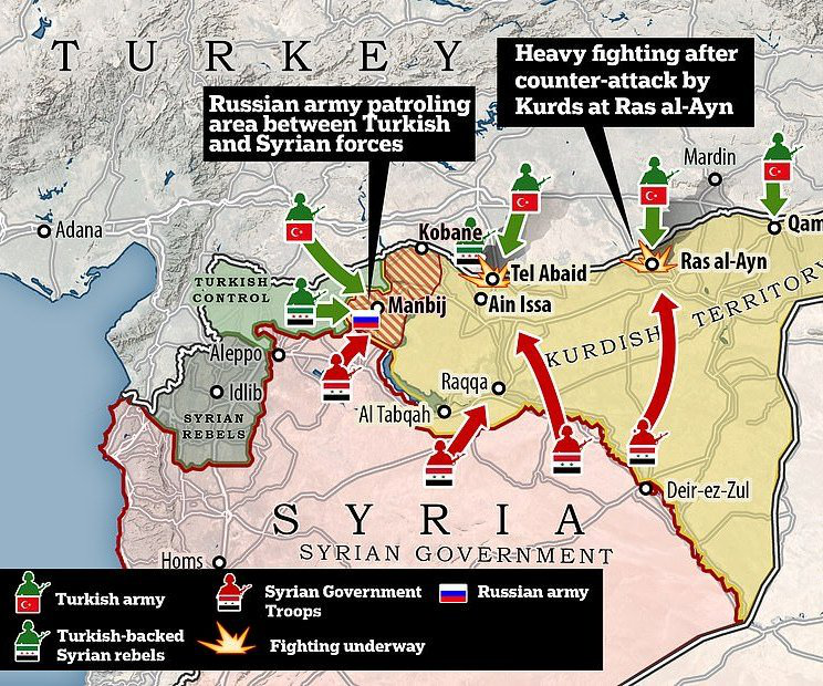  土军进攻路线，叙军推进路线与交战区地图
