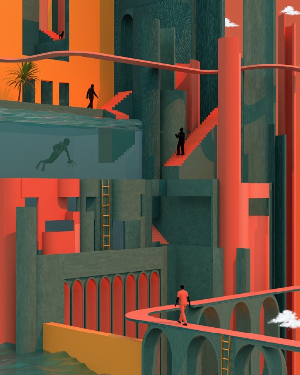 梦境般的超现实主义建筑插画可以是你最酷的手机壁纸