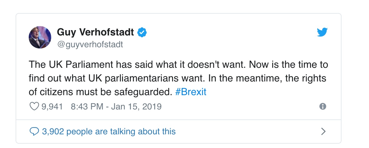  英国脱欧首席谈判代表维霍夫斯达（Guy Verhofstadt）在推特上发文说：“英国议会说出了他们不想要什么”。“现在需要弄清楚的是，英国议员到底想要什么？”（推特截图）
