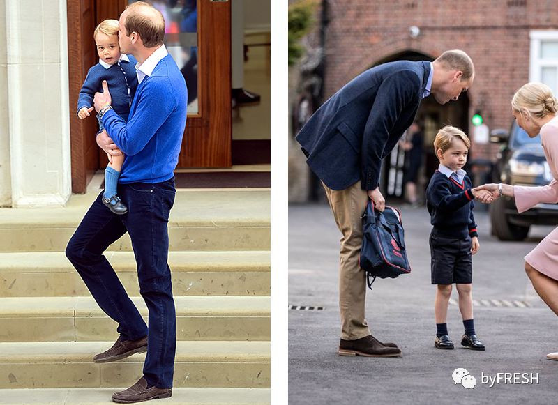 左:2015年威廉和乔治小王子的合照,穿着旧loafer