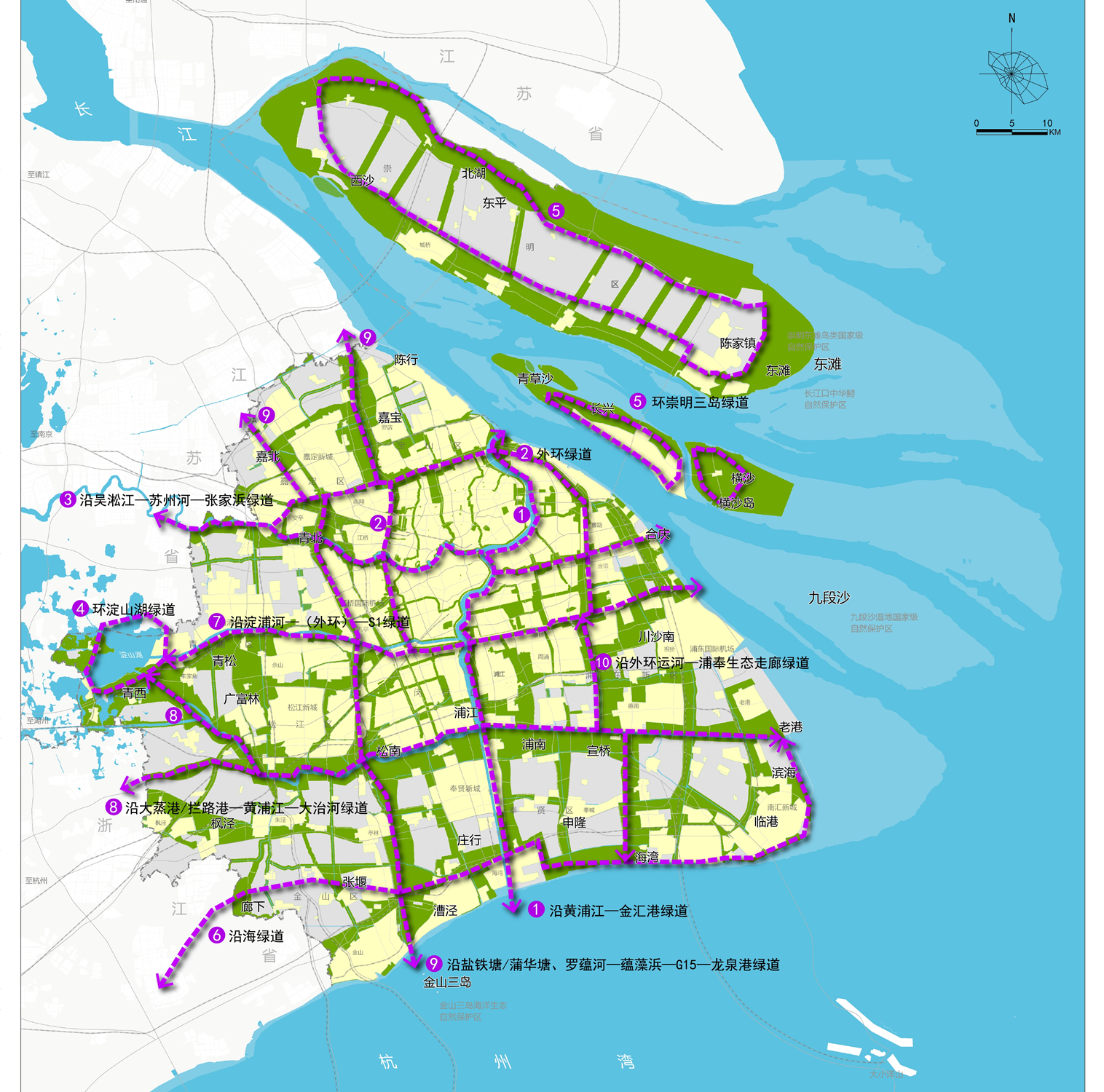 (2040),上海将在市域范围内逐步形成"三环一带,三纵三横"的市级绿道
