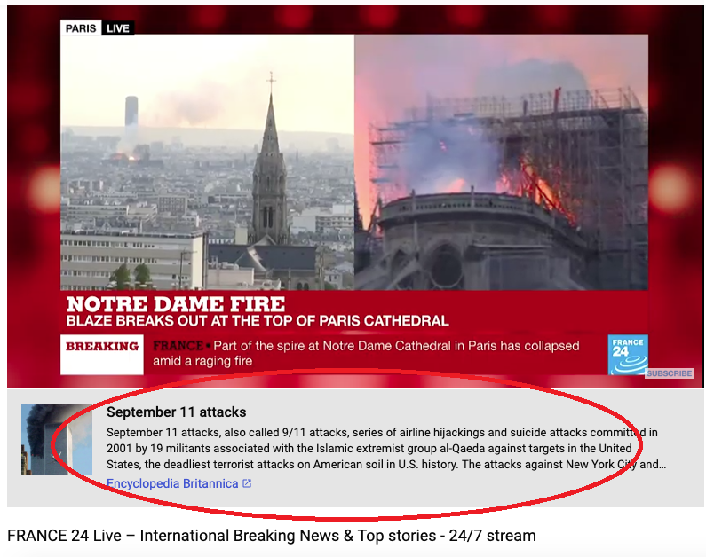 　据截图显示，在France 24的直播视频下方，出现了“911恐袭”的说明