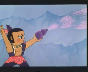 最后登场的老七紫葫芦娃,一身本领在法宝葫芦上,蛇精用一只"蛀虫"破坏