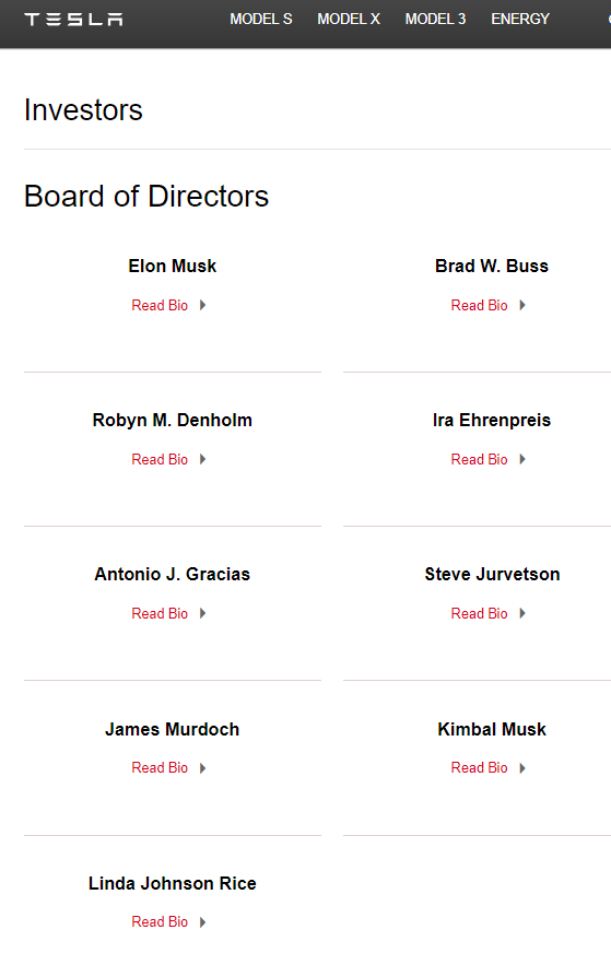 特斯拉的董事会成员名单（图片来源：截自特斯拉官网）