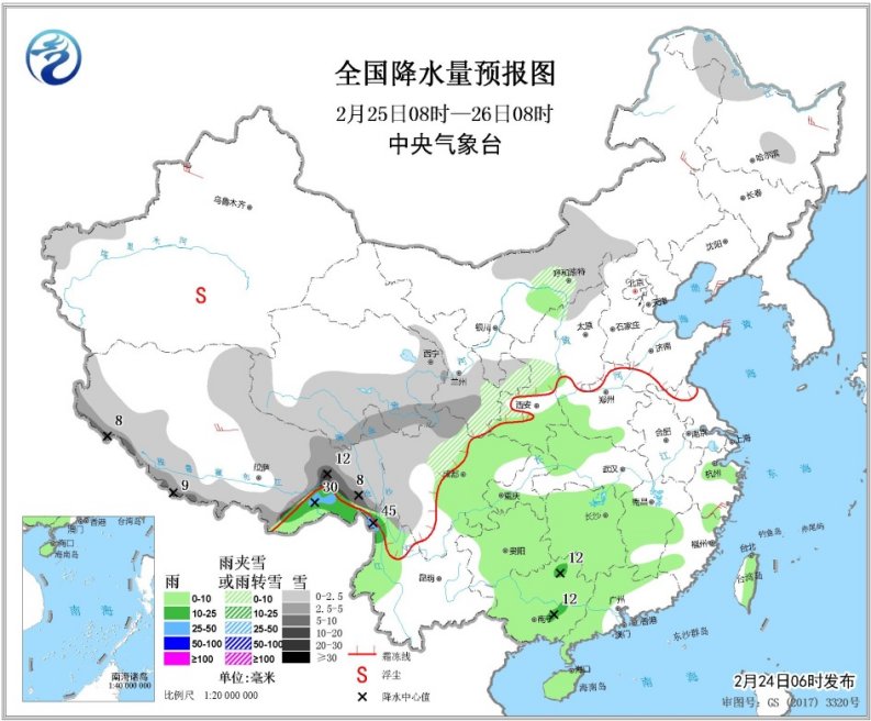 图3 全国降水量预报图（2月25日08时-26日08时）