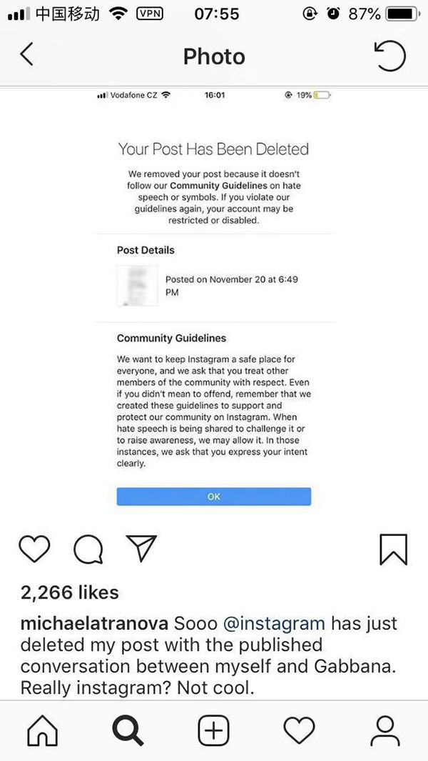 爆料网友michaelatranova表示自己的帖子遭Instagram删除