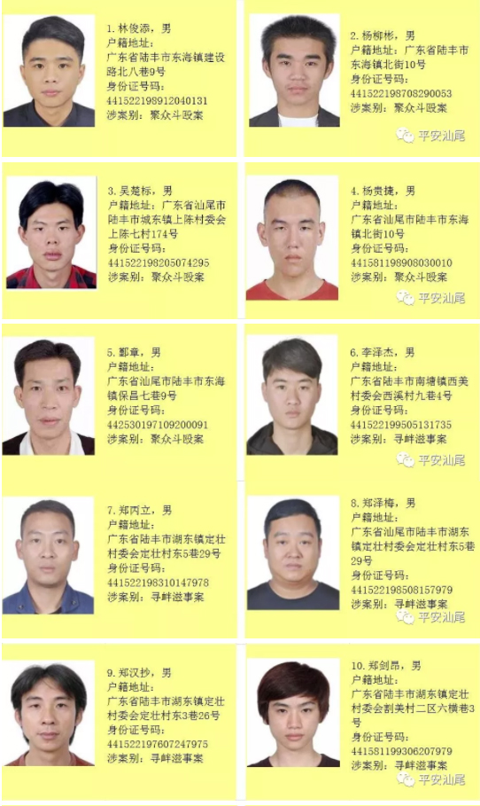 2018年9月14日 (原题为《汕尾公安发布122名涉黑恶在逃犯罪嫌疑人悬赏