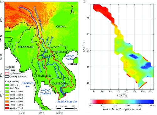 湄公河流域的地形图(a)及其1998-2007年平均降水量(mm)分布图(b)