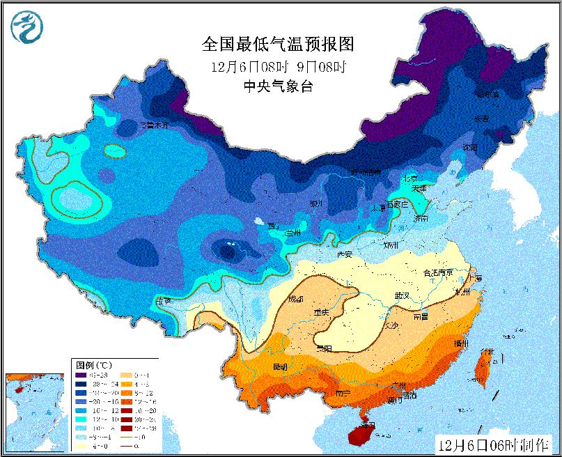 图2全国最低气温预报图(12月6日08时-9日08时)
