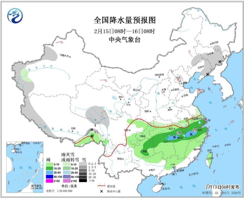 全国降水量预报图（2月15日08时-16日08时）