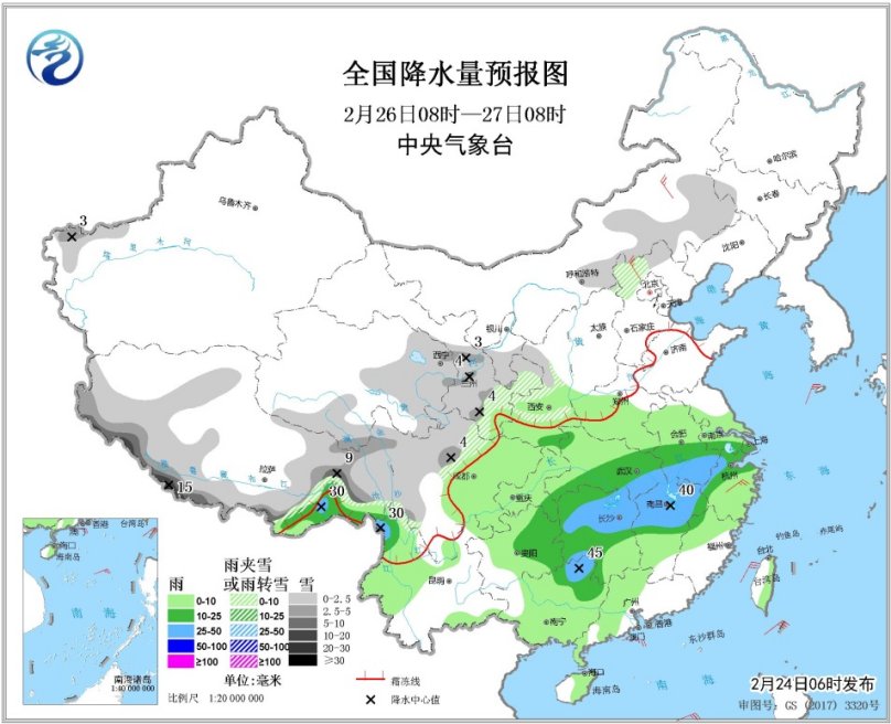 图4 全国降水量预报图（2月26日08时-27日08时）