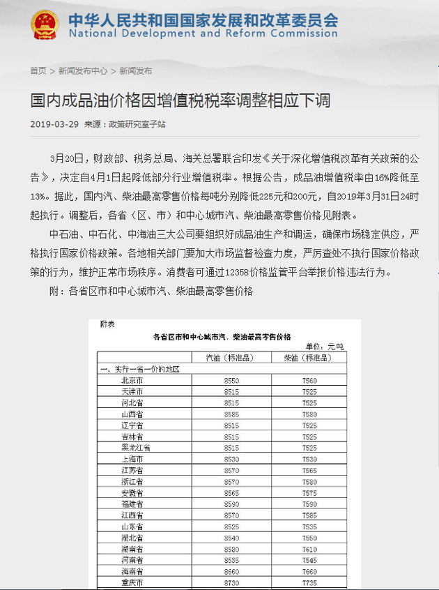 发改委:国内成品油价格因增值税税率调整相应