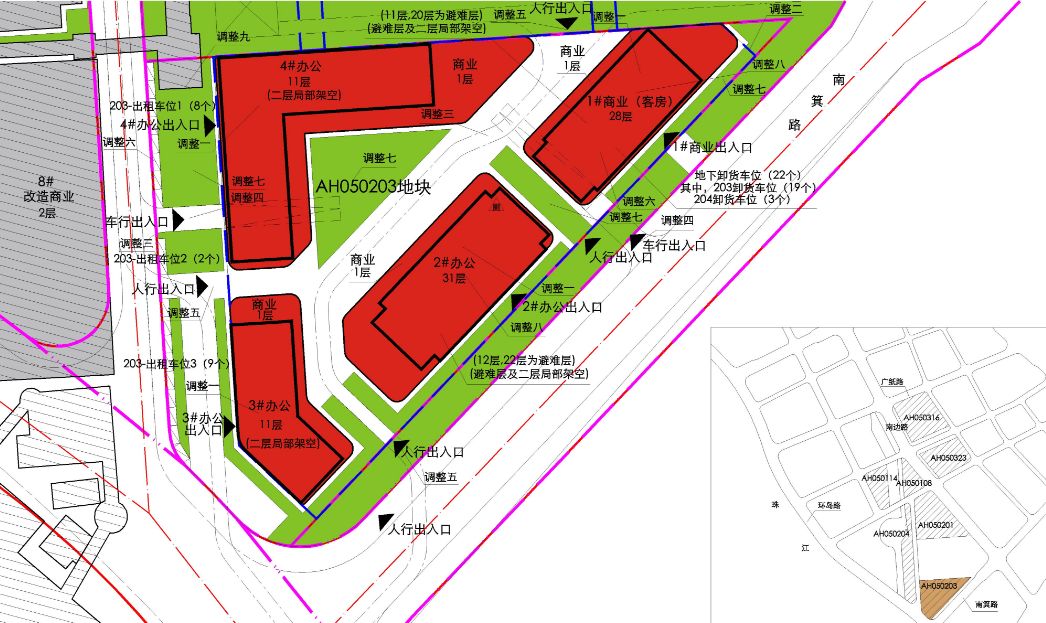 ah050203拟调整方案总平面示意图除此之外,还做出了以下的调整:1,规划
