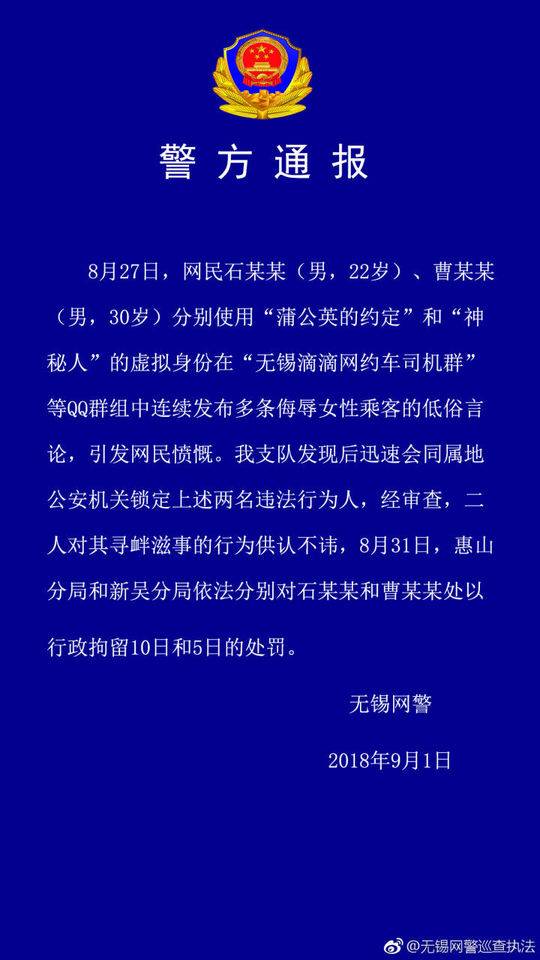 QQ群内侮辱女性 无锡两滴滴司机被行政拘留!