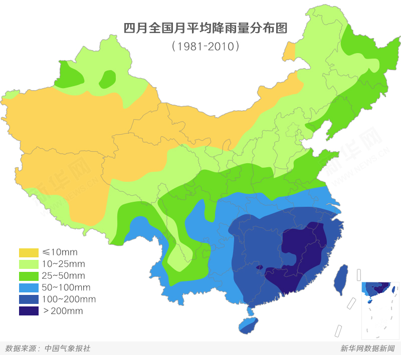 从四月全国月平均降雨量分布图也可以看出,4月我国降雨量100毫米以上