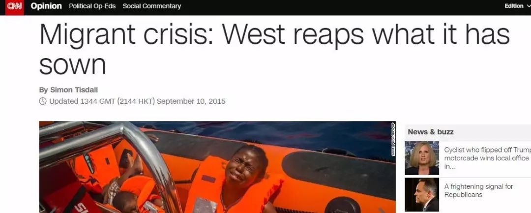  ▲图为CNN对中东难民危机的一篇评论文章：西方吃到的苦果，是西方自己种下的