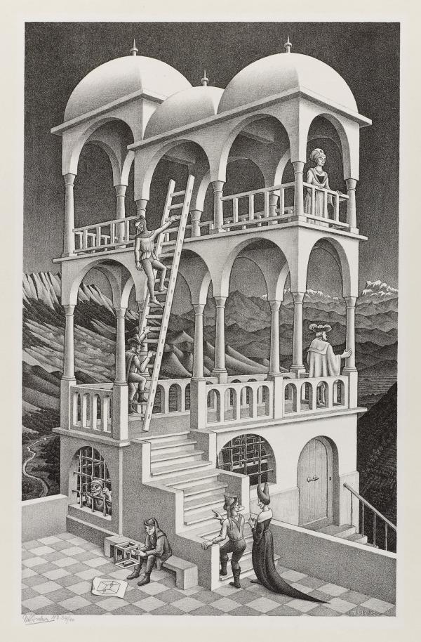 c.埃舍尔,观景楼,1958年5月,石版画.
