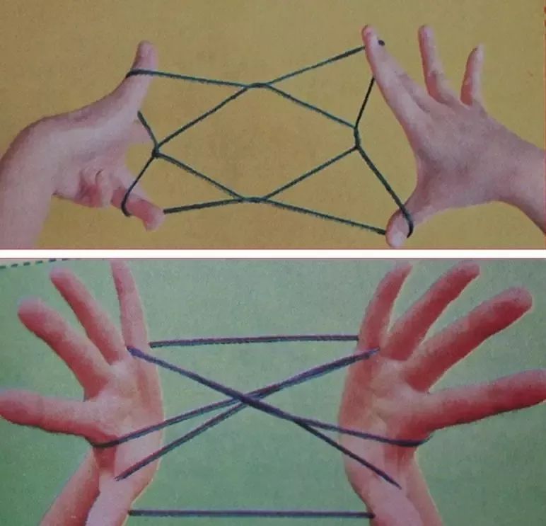 翻花绳用一根绳子结成绳套,一人以手指编成一种花样,另一人用手指接