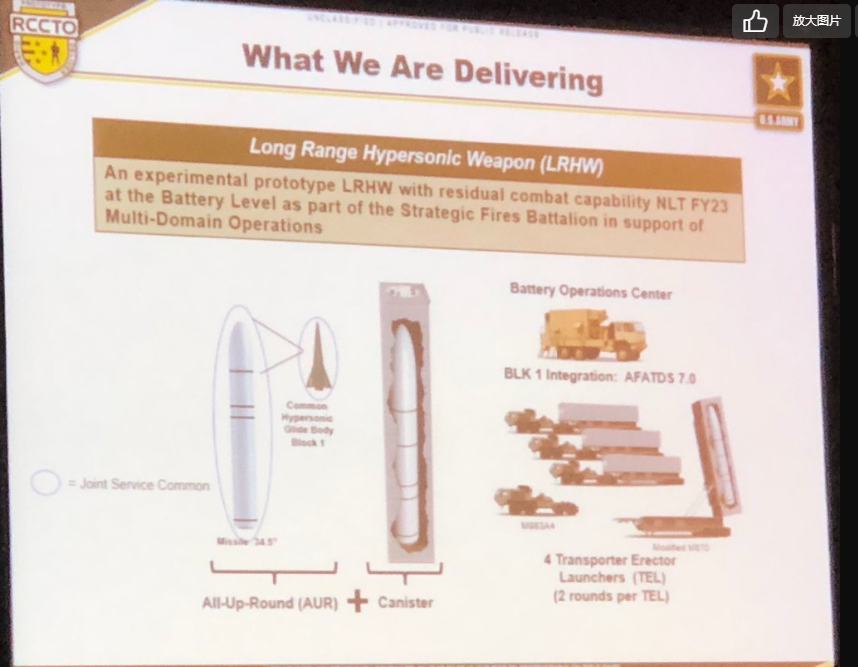 美国陆军展示了下一代陆军高超音速武器（AHW）概念图 图源：社交媒体