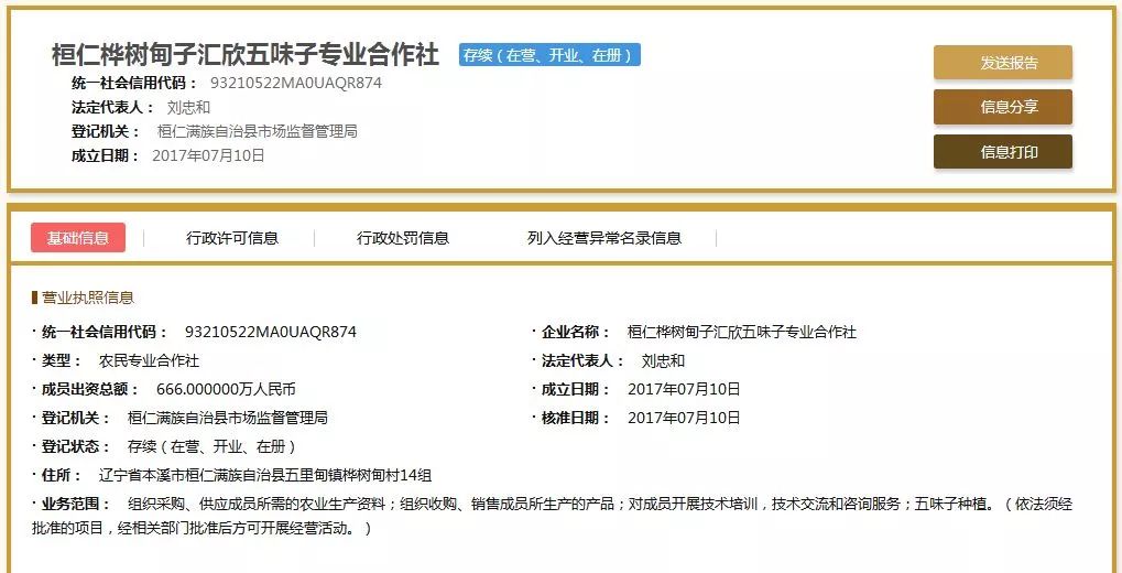 桓仁桦树甸子村五味子专业合作社的注册信息，其中法定代表人显示为刘忠和