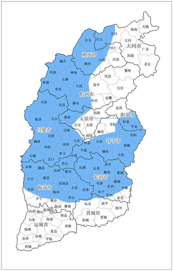 临汾古县,大宁和晋中昔阳的4个区域自动站雨量已超过50mm,目前降水仍