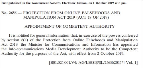 关于《防止网络假信息和网络操纵法案》生效的政府公报