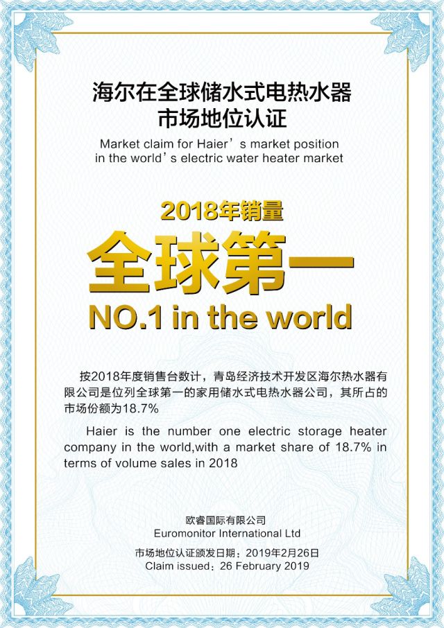 欧睿国际:海尔电热水器份额18.7% 再获全球第一
