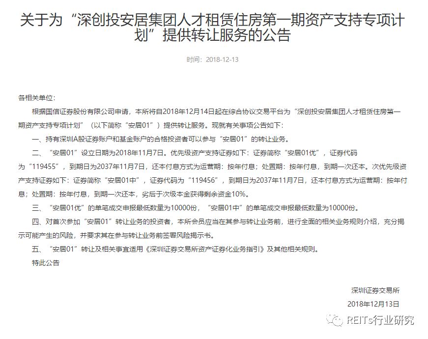 REITs研究中心丨全国首单公共人才租赁住房R