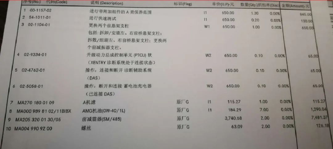 我的奔驰C保养列出了1万多元的费用