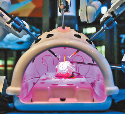 在进博会7.1馆，复星正在展示神奇的达芬奇手术机器人，在不触碰其他花蕊的情况下，它可以将一根细小的花蕊轻松剪断，目前它在中国已经成功完成10万例手术。 　　中国经济周刊记者 肖 翊摄