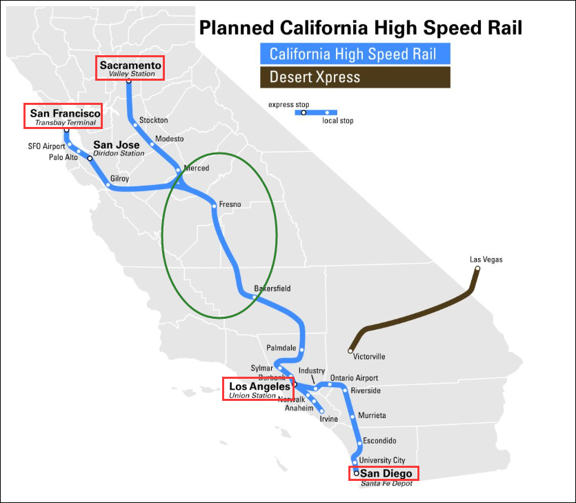在经过削减之后，加州“高铁”将只剩绿圈中的三站，与海岸和几个大城市都不相连。