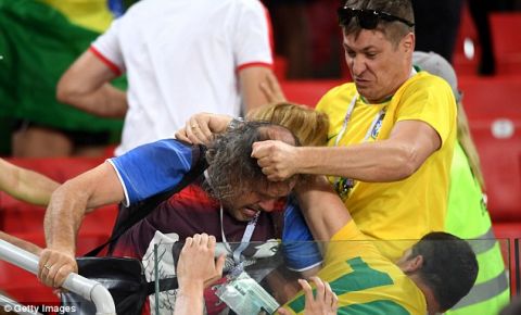 暴力席卷世界杯,巴西和塞尔维亚球迷在莫斯科斯巴达体育场看台上争吵