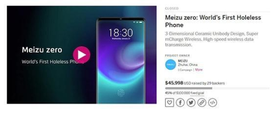 魅族ZERO手机众筹失败 10万美元目标仅29人支持申购