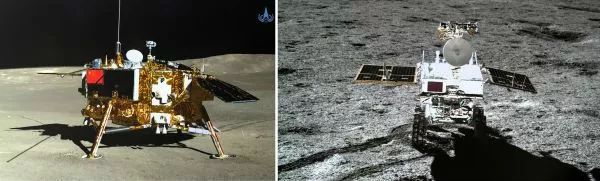 ▲这是一张拼版照片，左图：玉兔二号巡视器全景相机对嫦娥四号着陆器成像；右图：嫦娥四号着陆器地形地貌相机对玉兔二号巡视器成像。新华社发（国家航天局供图）