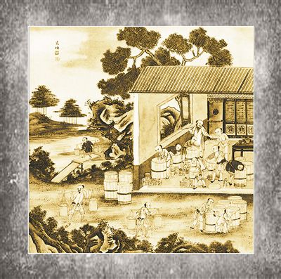 清朝督陶官唐英编著的《陶冶图》中"束草装桶"的场景