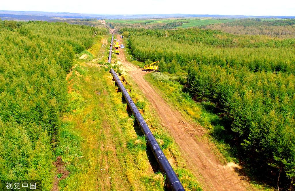 2018年9月2日，黑龙江黑河，航拍施工现场。 图自视觉中国