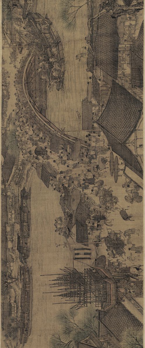 下为明代仇英本《清明上河图》,仇英本较之原作内容更复杂,长度也更长