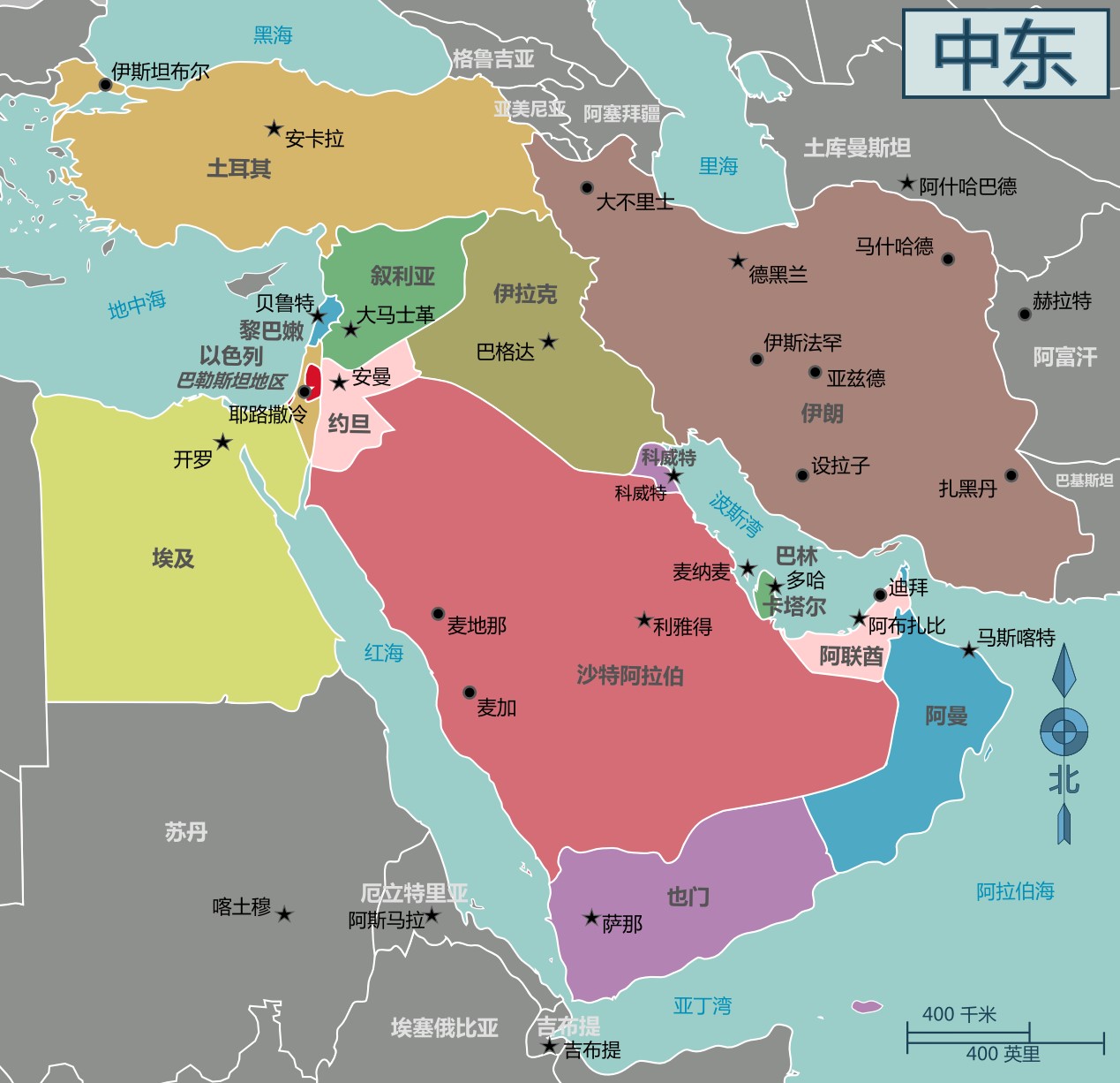 中东在地图上的位置图片