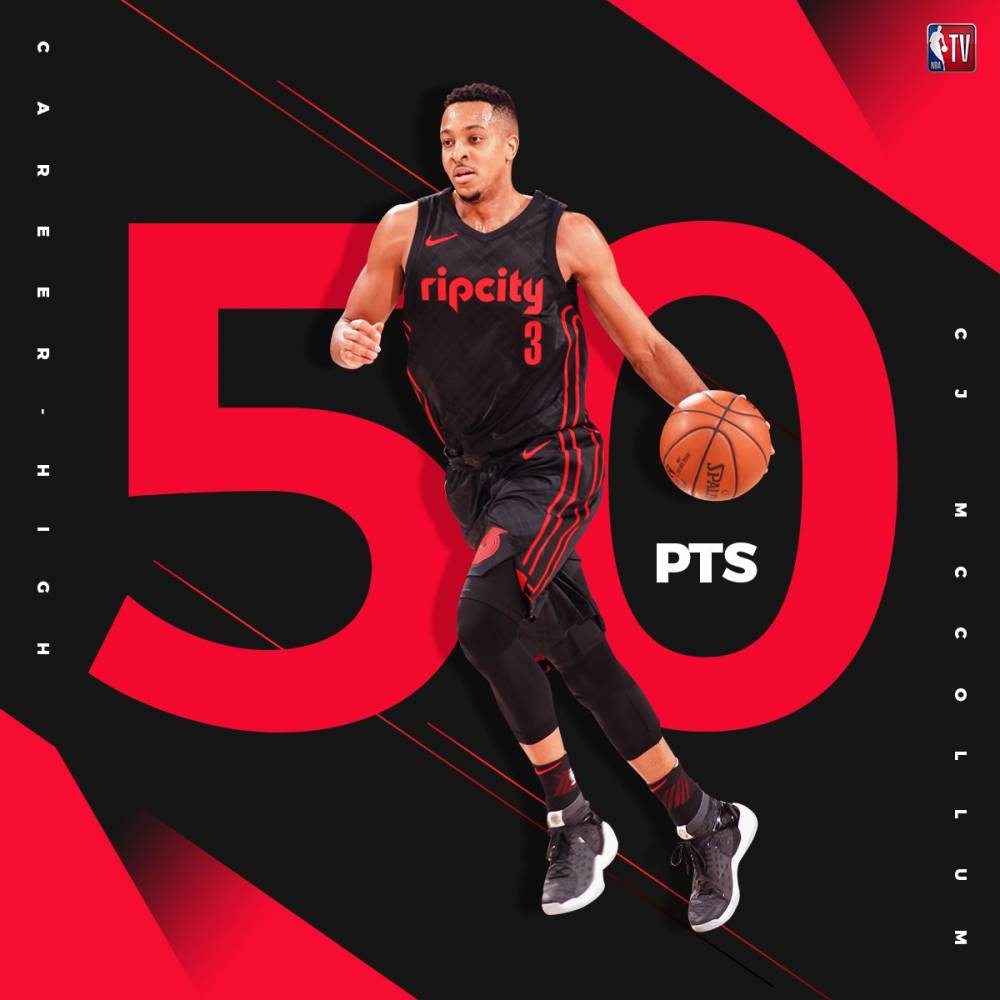 此役,cj-麦科勒姆砍下创生涯纪录的50分.