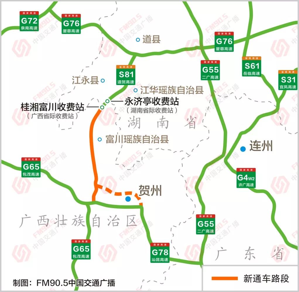 三是洞新高速南端的崀山收费站,实现了与广西资兴高速的交汇对接.