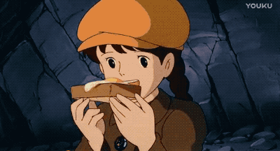 电影里的情节也超级可爱,巴鲁三口两口就把厚吐司吃完了,希达就是小口