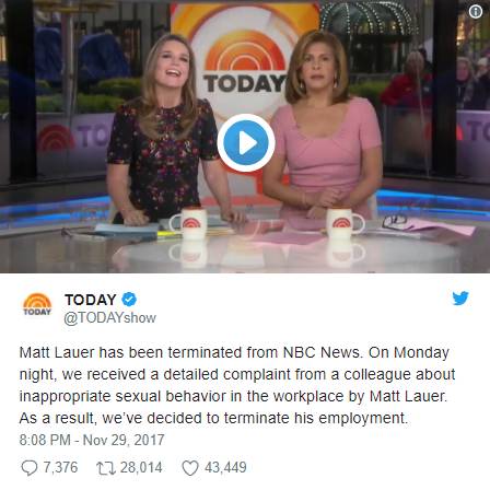 ▲《今日秀》栏目宣布马特·劳尔已被NBC解雇