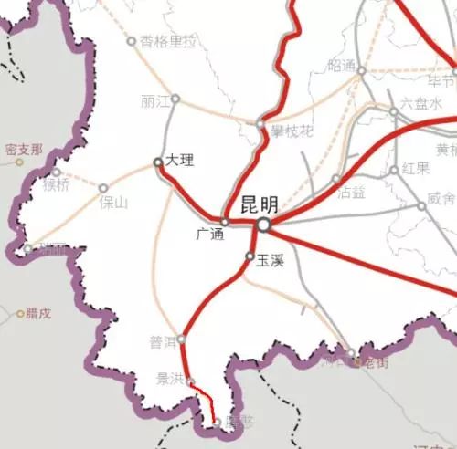 玉磨铁路起于玉溪,途经普洱,景洪,止于磨憨口岸,全长507.