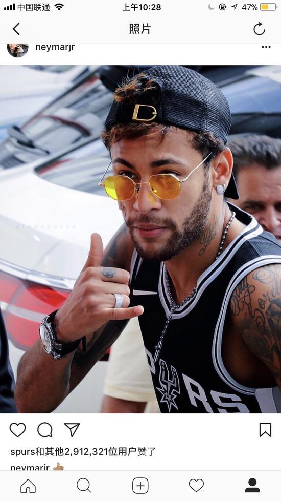 内马尔ins发布球衣照,马刺官方点赞